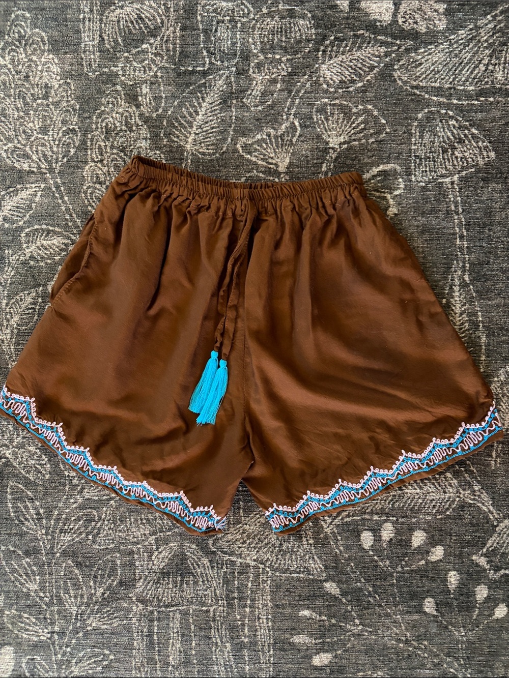 Brown Embroidered Trim Shorts